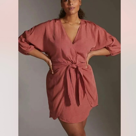 Anthropologie Women’s Puff-Sleeve Wrap Mini Dress in Pink - Picture 1 of 12